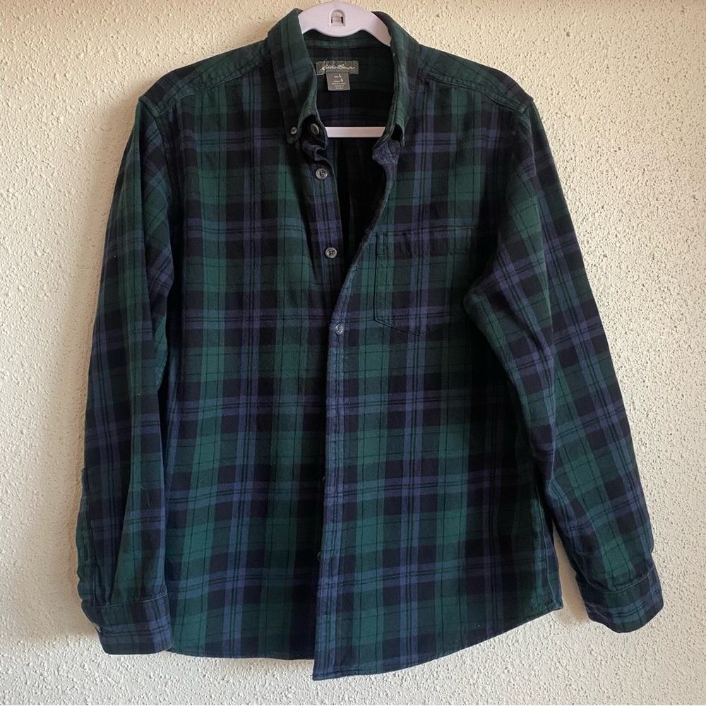 Eddie Bauer Blackwatch Plaid Flannel Shirt L | Cozy Cabin Core